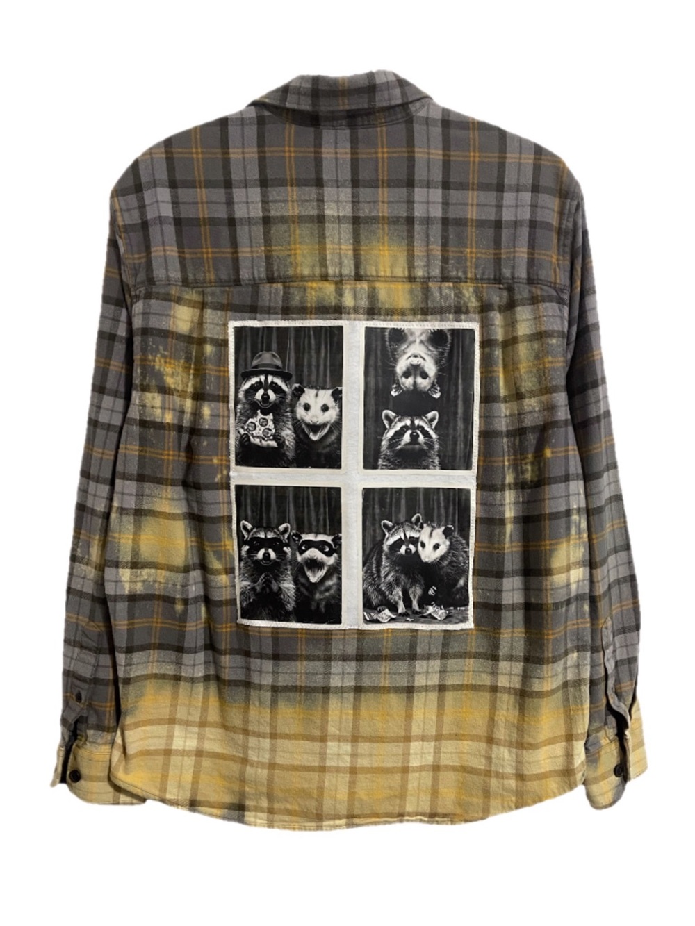 Upcycled “Photo Booth” Plaid Button-Up Shirt with Raccoon and Possum Patch